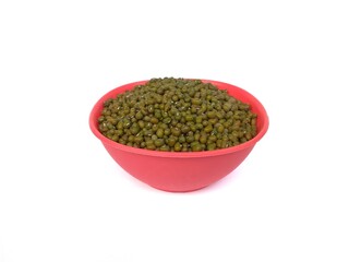 Group of green mung beans or mungo beans or mongo beans isolated on white background.Used as ingredient in both savoury and sweet dishes.