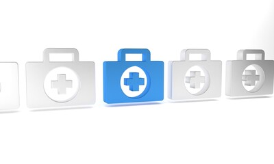 Blue First aid kit icon isolated on white background. Medical box with cross. Medical equipment for emergency. Healthcare concept. Minimalism concept. 3D render illustration