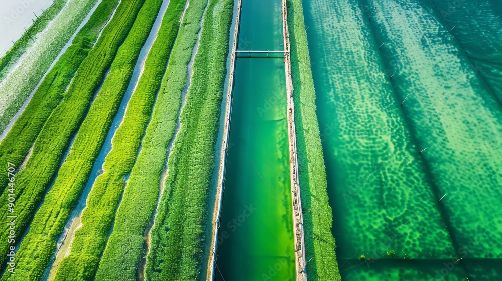 Poster a green field with a waterway running through it