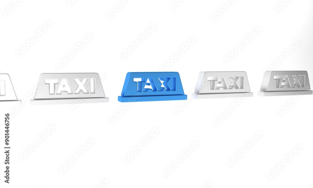 Poster Blue Taxi car roof icon isolated on white background. Minimalism concept. 3D render illustration