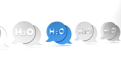 Blue Chemical formula for water drops H2O shaped icon isolated on white background. Minimalism concept. 3D render illustration