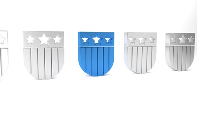 Blue Shield with stars and stripes icon isolated on white background. United States of America country flag. 4th of July. USA Independence day. Minimalism concept. 3D render illustration