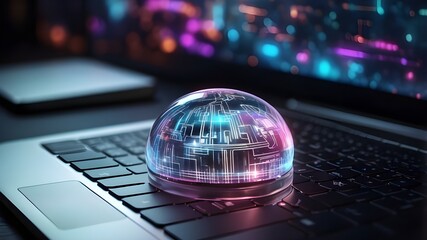 An artistic spherical digital key hologram over a fuzzy tech background is seen in close-up on a laptop. The idea of a private key, abstract digitalkey, and technological interface in cyberspace.