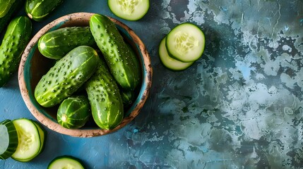 bowl of cucumbers sits atop a blue counter with an adja