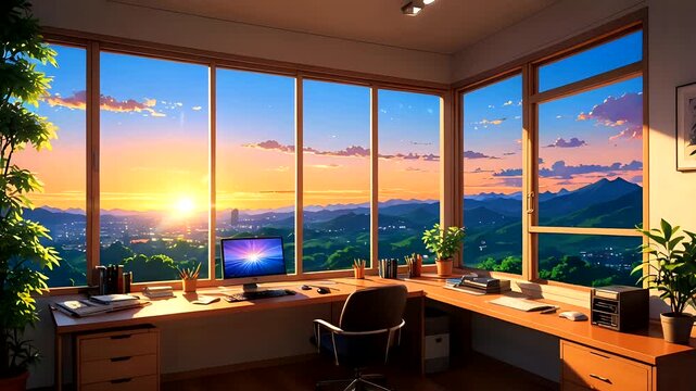 Modern office with a panoramic sunset view through large windows and warm lighting. Seamless looping 4k time-lapse animation video background