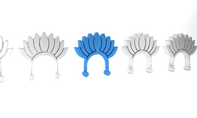 Blue Indian headdress with feathers icon isolated on white background. Native american traditional headdress. Minimalism concept. 3D render illustration