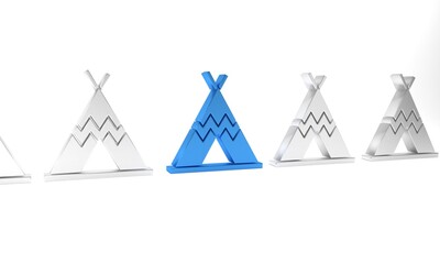 Blue Traditional indian teepee or wigwam icon isolated on white background. Indian tent. Minimalism concept. 3D render illustration