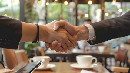 Cafe business people and shaking hands for teamwork