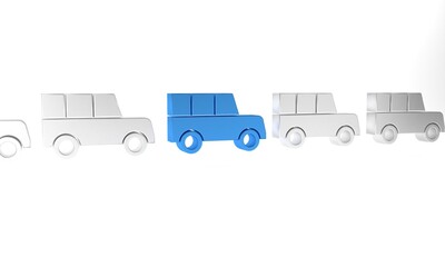 Blue Car icon isolated on white background. Front view. Minimalism concept. 3D render illustration