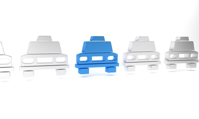 Blue Taxi car icon isolated on white background. Minimalism concept. 3D render illustration