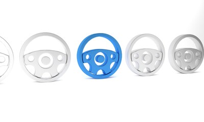 Blue Steering wheel icon isolated on white background. Car wheel icon. Minimalism concept. 3D render illustration