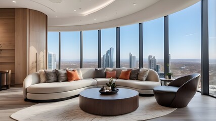 large, contemporary welcome area with a view of the entire city and stylish furnishings,