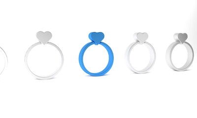 Blue Wedding rings icon isolated on white background. Bride and groom jewelry sign. Marriage symbol. Diamond ring. Minimalism concept. 3D render illustration