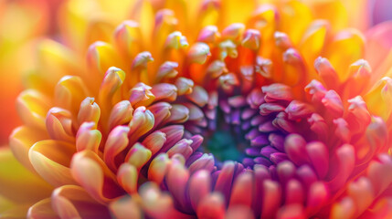 Colorful chrysanthemum flower macro shot showcasing the vibrant yellow, red, and purple petals. Perfect as a background for floral-themed designs.