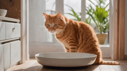 Orange cat eating in its bowl on wooden floor. Generative AI