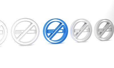 Blue No Smoking icon isolated on white background. Cigarette symbol. Minimalism concept. 3D render illustration