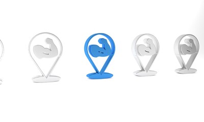 Blue Bodybuilder showing his muscles icon isolated on white background. Fit fitness strength health hobby concept. Minimalism concept. 3D render illustration
