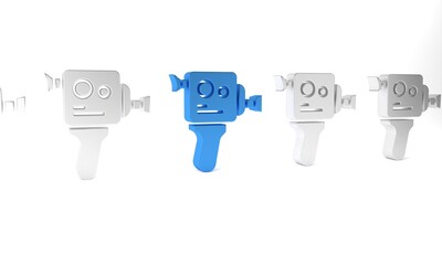 Blue Retro cinema camera icon isolated on white background. Video camera. Movie sign. Film projector. Minimalism concept. 3D render illustration