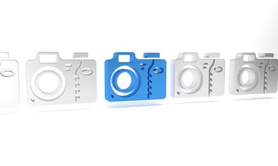Blue Photo camera icon isolated on white background. Foto camera icon. Minimalism concept. 3D render illustration
