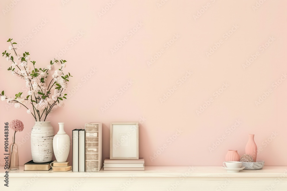 Poster a shelf unit is neatly arranged with decorative items, including books, vases, and photo frames, enh