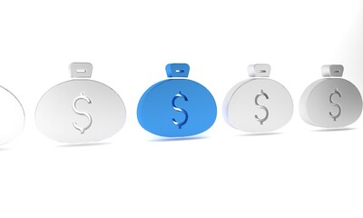 Blue Money bag icon isolated on white background. Dollar or USD symbol. Cash Banking currency sign. Minimalism concept. 3D render illustration
