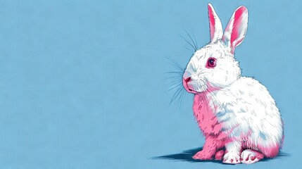 Fototapeta premium A bunny with pink-white fur rests on a blue background while adjacent to the wall and floor, all featuring blue tones
