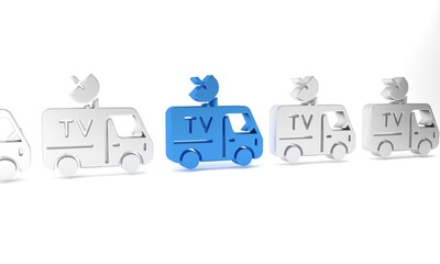 Blue TV News car with equipment on the roof icon isolated on white background. Minimalism concept. 3D render illustration