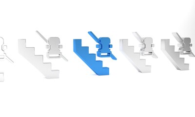 Blue Disabled access elevator lift escalator icon isolated on white background. Movable mechanical chair platform for handicapped human. Minimalism concept. 3D render illustration