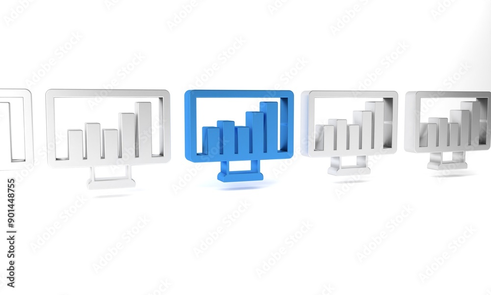 Aufkleber blue computer monitor with graph chart icon isolated on white background. report text file. accounti