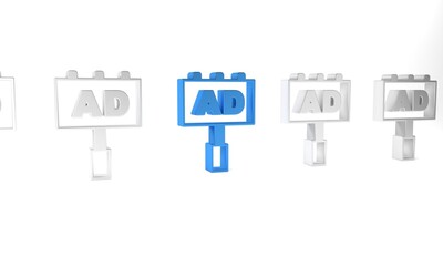 Blue Advertising icon isolated on white background. Concept of marketing and promotion process. Responsive ads. Social media advertising. Minimalism concept. 3D render illustration