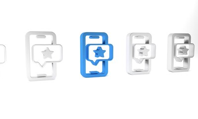 Blue Mobile phone with review rating icon isolated on white background. Concept of testimonials messages, notifications, feedback. Minimalism concept. 3D render illustration