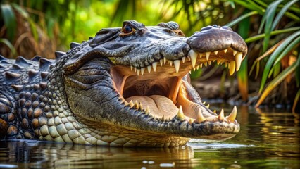 Obraz premium Massive American alligator with powerful jaws and razor-sharp teeth opens its mouth wide, revealing a daunting display of primal ferocity in swampy surroundings.