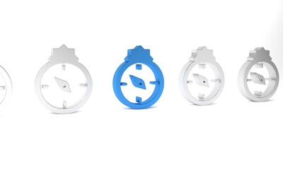 Obraz premium Blue Qibla icon isolated on white background. Qibla Islamic Arab term used for the direction for offering a prayer, which is Kaaba in Mecca. Minimalism concept. 3D render illustration