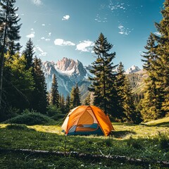 camping tent in the wilderness on green grass with trees and blue sky, snow peak camping style