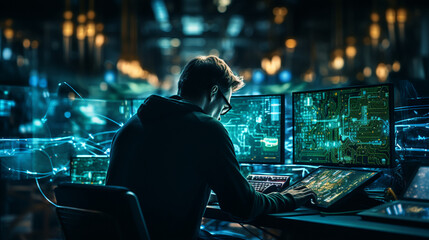 Computer engineer working on laptop computer with server room, data center, big data storage as backgrounds, digital technology, database, IT support, telecommunication concept, photography.