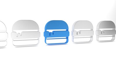 Blue Burger icon isolated on white background. Hamburger icon. Cheeseburger sandwich sign. Fast food menu. Minimalism concept. 3D render illustration
