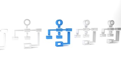 Blue Business hierarchy organogram chart infographics icon isolated on white background. Corporate organizational structure graphic elements. Minimalism concept. 3D render illustration