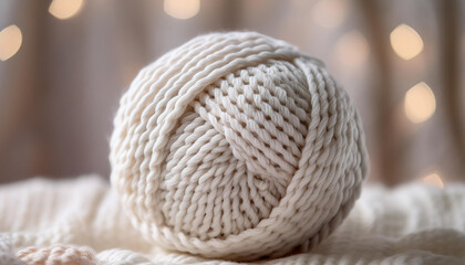 Obraz premium Wool yarn ball for knitting on neutral backdrop. Soft texture. Natural material. Handmade concept