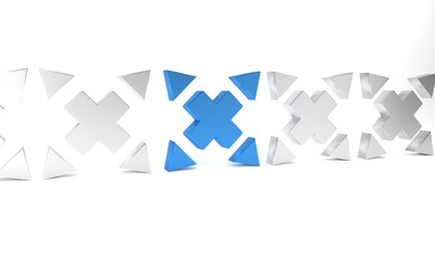 Blue Many ways directional arrow icon isolated on white background. Minimalism concept. 3D render illustration