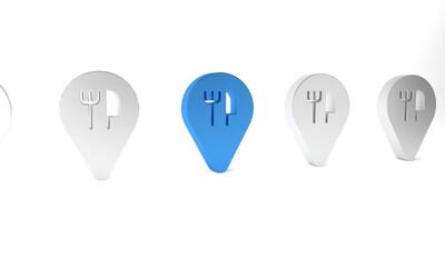 Blue Cafe and restaurant location icon isolated on white background. Fork and spoon eatery sign inside pinpoint. Minimalism concept. 3D render illustration.