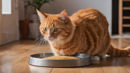 Orange cat eating in its bowl on wooden floor. Generative AI