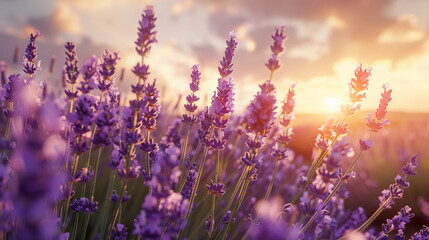 Lavender fields beneath the French Alps, forming a natural border of beautiful little purple flowers, showcasing the gorgeous nature of France.