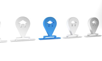 Blue Map pointer with house icon isolated on white background. Home location marker symbol. Minimalism concept. 3D render illustration