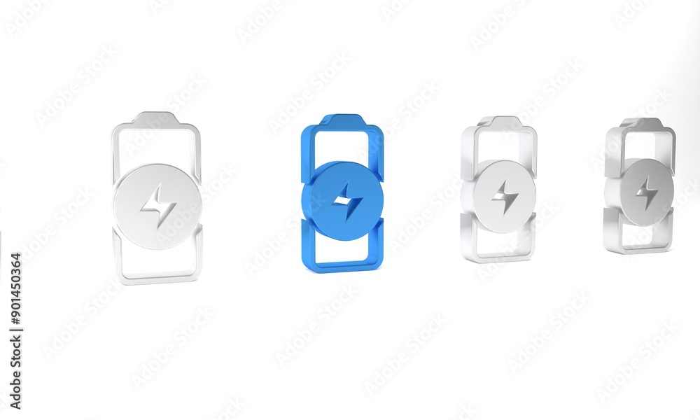 Sticker Blue Battery charge level indicator icon isolated on white background. Minimalism concept. 3D render illustration