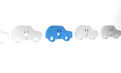 Blue Electric car and electrical cable plug charging icon isolated on white background. Renewable eco technologies. Minimalism concept. 3D render illustration