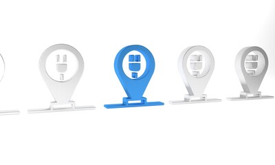 Blue Charging parking electric car icon isolated on white background. Minimalism concept. 3D render illustration