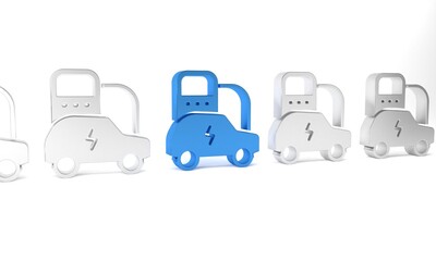 Blue Electric car and electrical cable plug charging icon isolated on white background. Renewable eco technologies. Minimalism concept. 3D render illustration