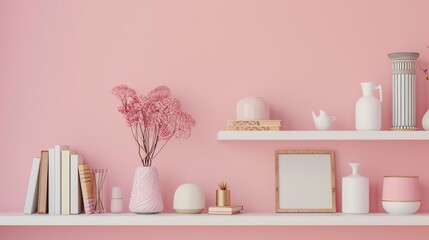 The shelf unit showcases an array of decorative items including books, vases, and photo frames, all artfully arranged against a soft pastel backdrop. Generative AI