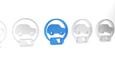 Blue Electric car and electrical cable plug charging icon isolated on white background. Renewable eco technologies. Minimalism concept. 3D render illustration