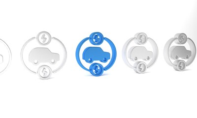Blue Electric car and electrical cable plug charging icon isolated on white background. Renewable eco technologies. Minimalism concept. 3D render illustration